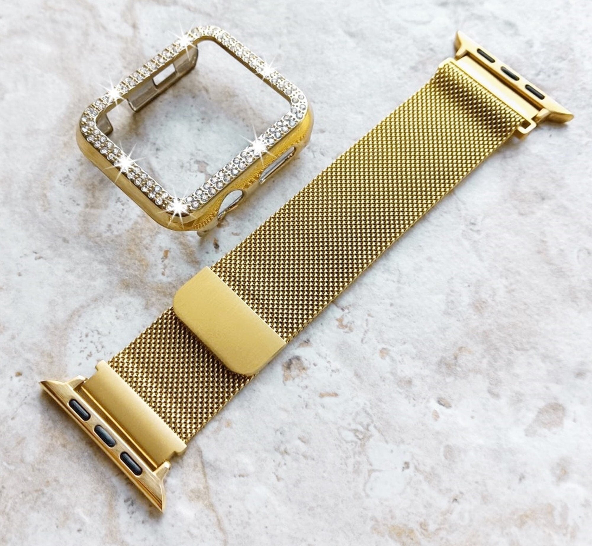 Apple Watch Gold Color Band Set Crystal Bezel Case Cover for Ultra 2 9 8 7 SE 6 5 4 3 2 1 49mm 45mm 44mm 42mm 41mm 40mm 38mm Strap Milanese